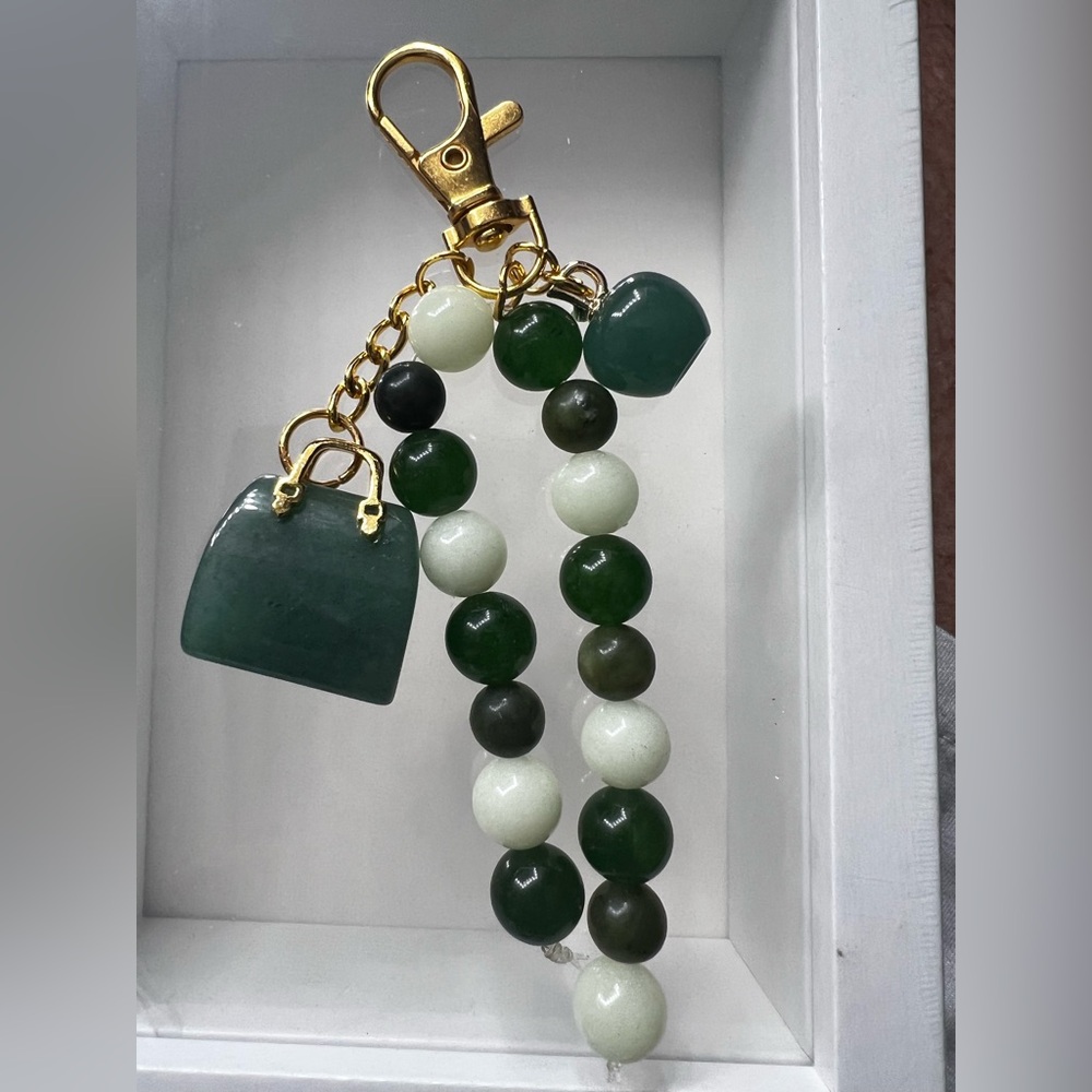 Jade Bead Purse Charm Natural Jade Green Gemstone Purse Pendant Gold Accents